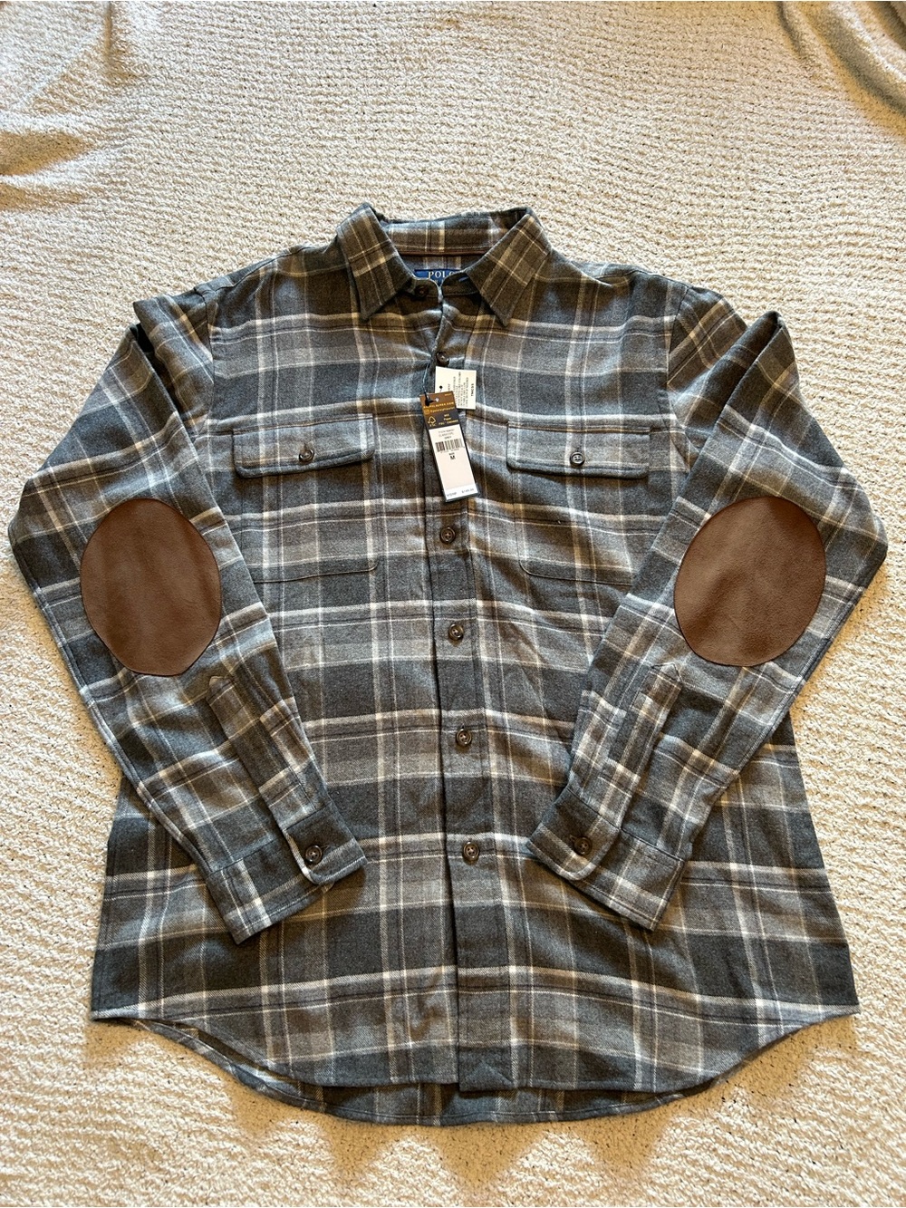 NWT M Polo Ralph Lauren Gray Plaid Flannel Button-Up Shirt with elbow patch
